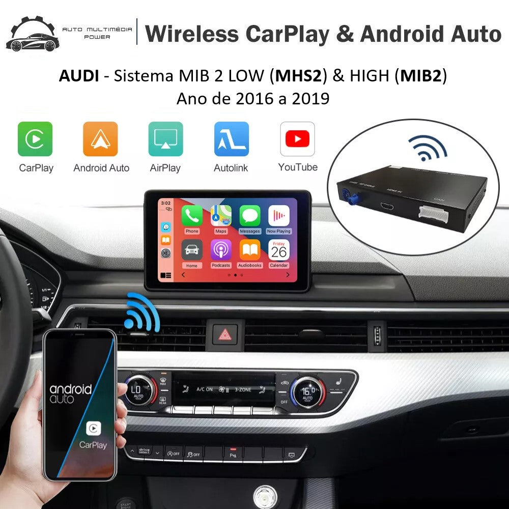 AUDI - Sistema MMI MIB 2 LOW (MHS2) & HIGH (MHI2) - Instalação Módulo Apple CarPlay & Google Android Auto Wireless