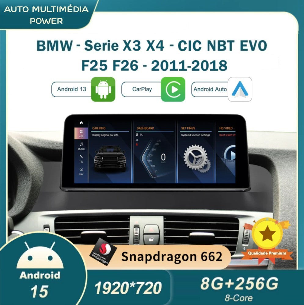 BMW - X3 / X4 - CIC NBT EVO - Ecrã Touch Screen Android 15 - Apple CarPlay & Google Android Auto Wireless