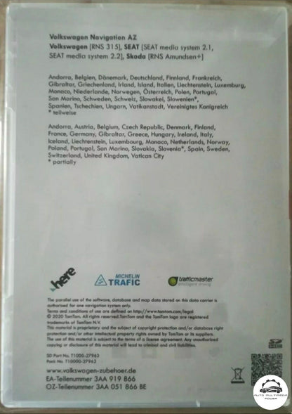 VOLKSWAGEN VW / SEAT / SKODA - Sistema RNS 315 - Cartão SD AZ Atualização Mapas GPS Nav v12 2021