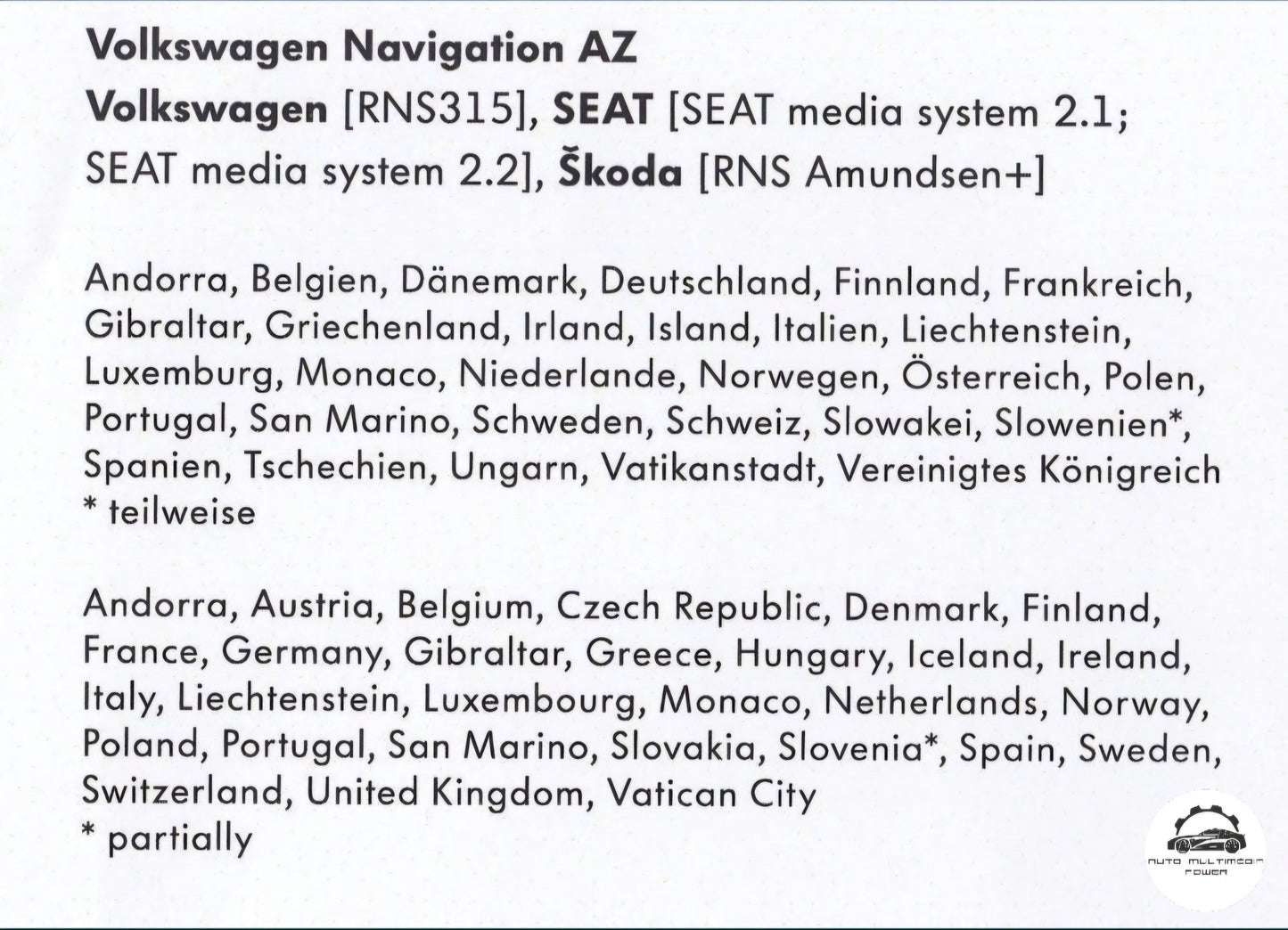 VOLKSWAGEN VW / SEAT / SKODA - Sistema RNS 315 - Cartão SD AZ Atualização Mapas GPS Nav v12 2021